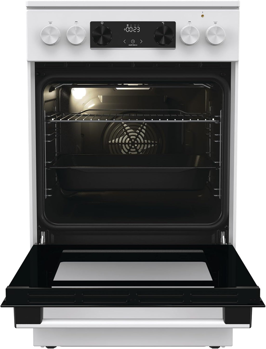 Gorenje GEC5C43WGAMZ Elektro-Standherd mit Glaskeramik-Kochfeld / 50 cm / 70 Liter/Schnellaufheizung/Pizzamodus 300°C/Auftauen/AquaClean/Ergonomische Knebel/ 8 Beheizungsarten/weiß