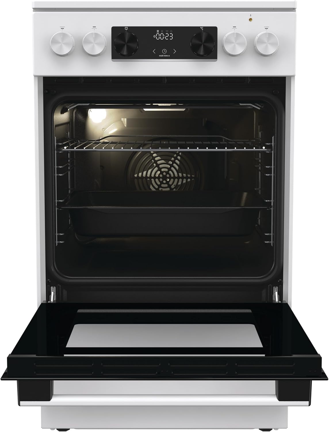 Gorenje GEC5C43WGAMZ Elektro-Standherd mit Glaskeramik-Kochfeld / 50 cm / 70 Liter/Schnellaufheizung/Pizzamodus 300°C/Auftauen/AquaClean/Ergonomische Knebel/ 8 Beheizungsarten/weiß