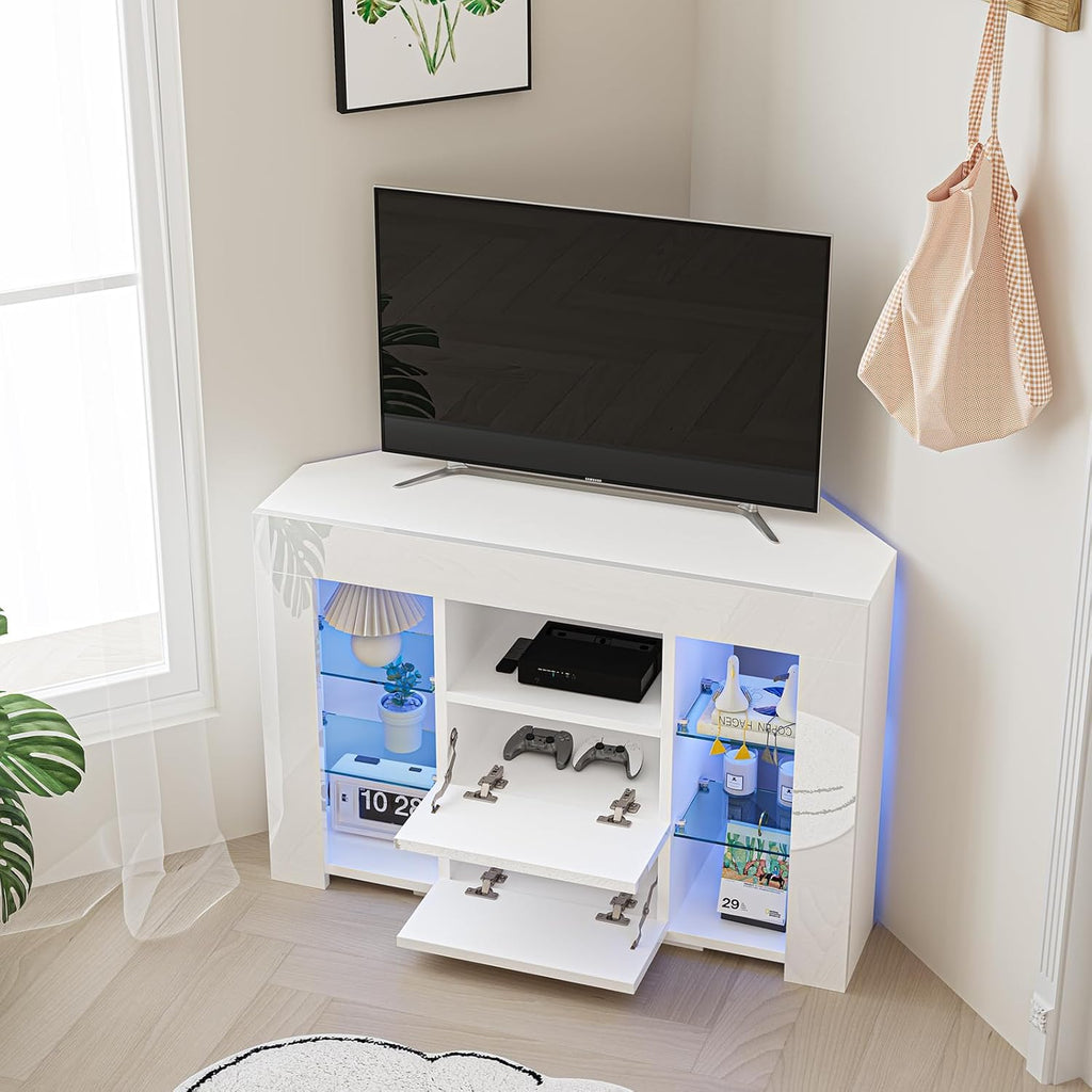 Dripex TV Lowboard Eckschrank mit LED Beleuchtung Weiß Hochglanz Fernsehschrank Eckkommode Fernsehtisch TV Schrank 100x68x40 cm (Weiß)