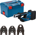 Bosch Professional 18V System Akku Presswerkzeug GPT 18V-19 (19 kN Kraft, um 360° drehbarer Kopf, inkl. Pressbacke Comp. TH16, TH20, TH26, L-BOXX)