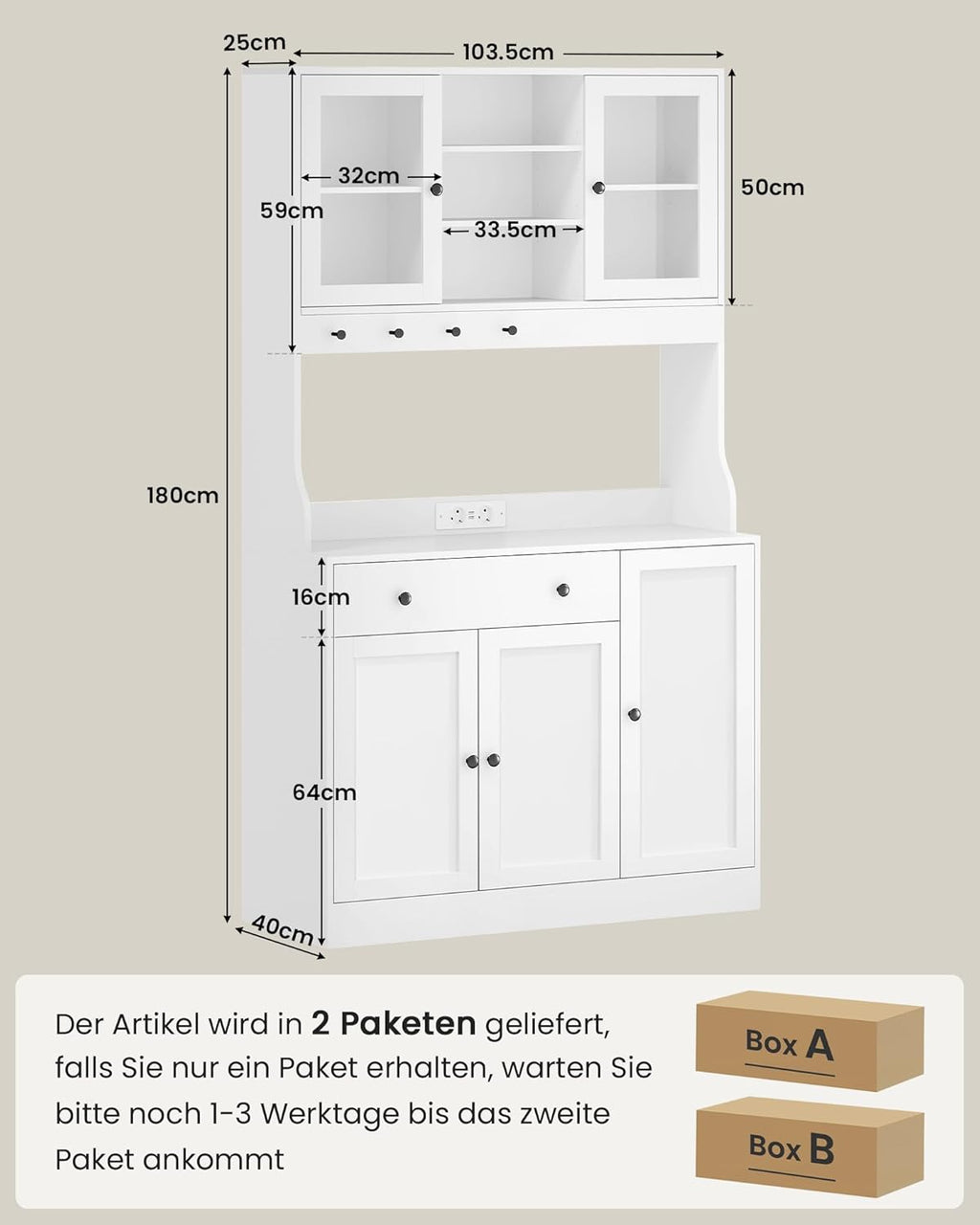 Küchenschrank mit Arbeitsplatte, Sideboard mit LED, Steckdose, Buffetschrank mit Schubladen, Verstellbaren Ablagen, Großer Stauraum, Küche, Wohnzimmer, Esszimmer, 103.5 * 40 * 180 cm, Weiß