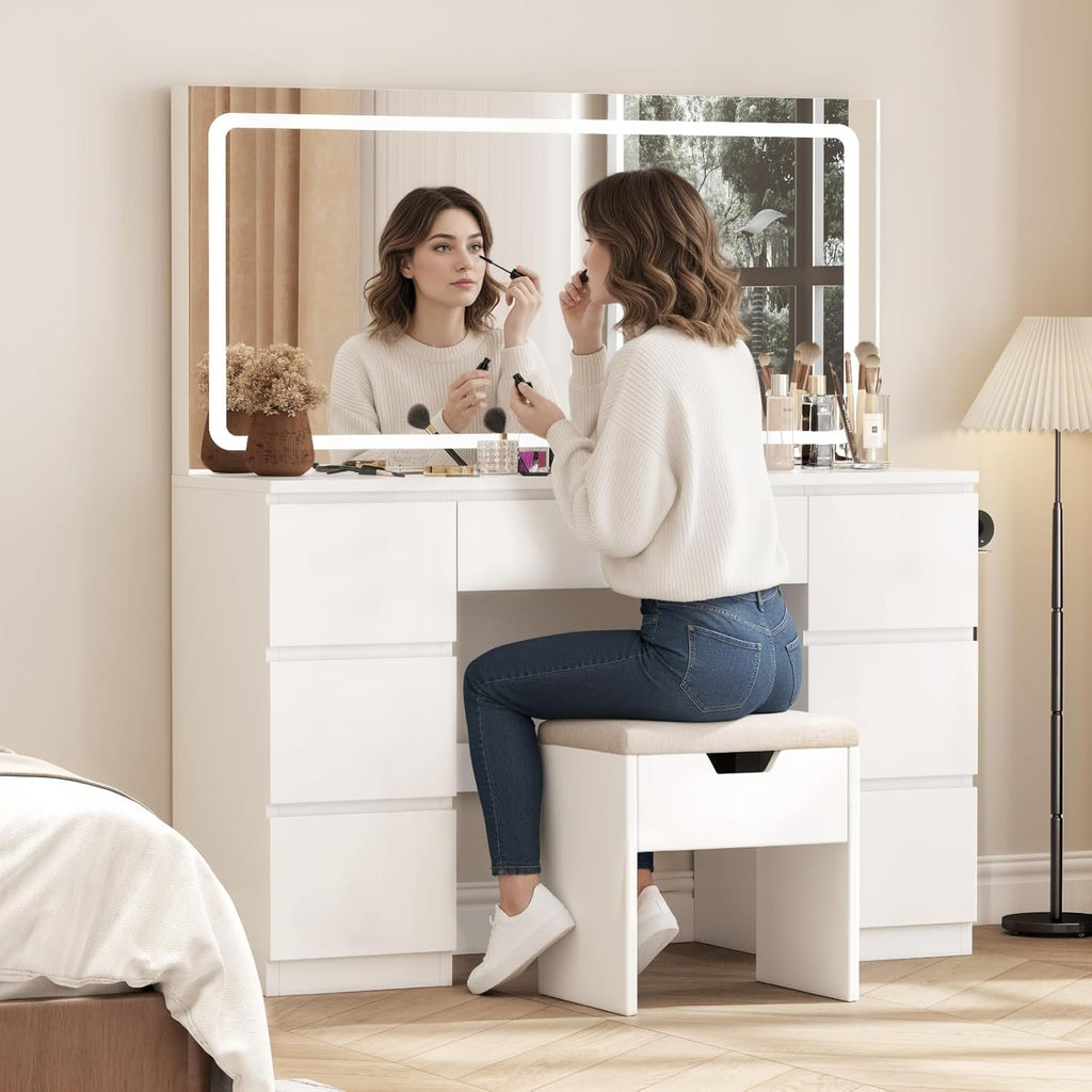 Schminktisch Groß mit Spiegel und LED Beleuchtung 115cm,Farbtemperatur Einstellbar, 7 Schubladen Schminktisch mit Steckdose Dressing Table mit Hocker,115x40x139cm,Weiß