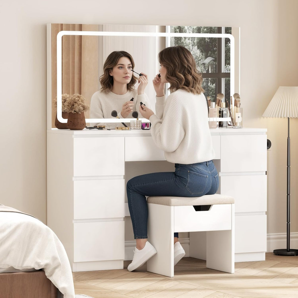 Schminktisch Groß mit Spiegel und LED Beleuchtung 115cm,Farbtemperatur Einstellbar, 7 Schubladen Schminktisch mit Steckdose Dressing Table mit Hocker,115x40x139cm,Weiß
