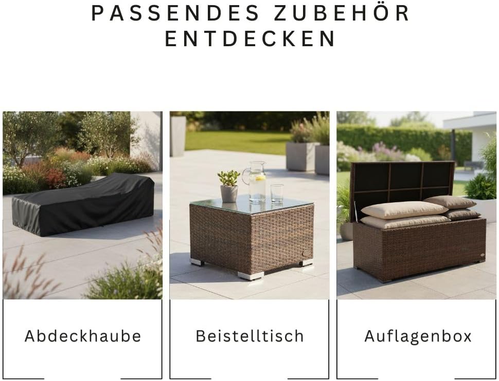 RS Trade Sonnenliege Gartenliege wetterfest aus Rattan, extra hoch & extra breit auch für Senioren – XXL bis 200kg – mit Rollen, Outdoor Liege mit Verstellbarer Rückenlehne, braun mit Grauer Auflage