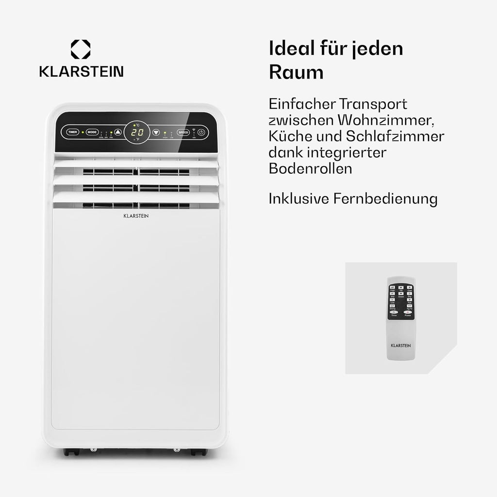 Klarstein Mobile Klimaanlage mit Abluftschlauch, 4-in-1 Klimagerät mit Ventilator, Luftentfeuchter & Nachtmodus, Kleine & Portable Klimaanlage für Wohnung & Büro, Niedriger Verbrauch, 9000 BTU
