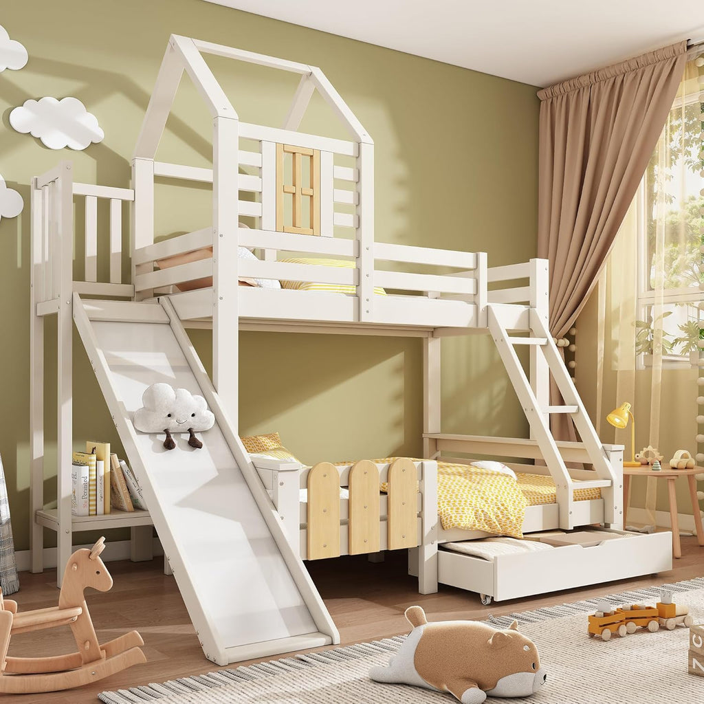 Kinderbett Etagenbett 90x200 & 140x200 cm mit Leiter & Rutsche, Hochbett Hausbett mit Bücherregal & Stauraum Schubladen, Bett Bettgestell mit Lattenrost & Rausfallschutz, Ohne Matratze, Weiß