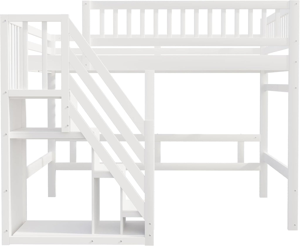 Kinderbett Etagenbett 140x200, Hochbett mit Treppe und Aufbewahrungsschrank, Multifunktionsbett Stockbett Spielbett Kinderhochbett Jugendhochbett mit Lattenrost & Rausfallschutz, Ohne Matratze, Weiß