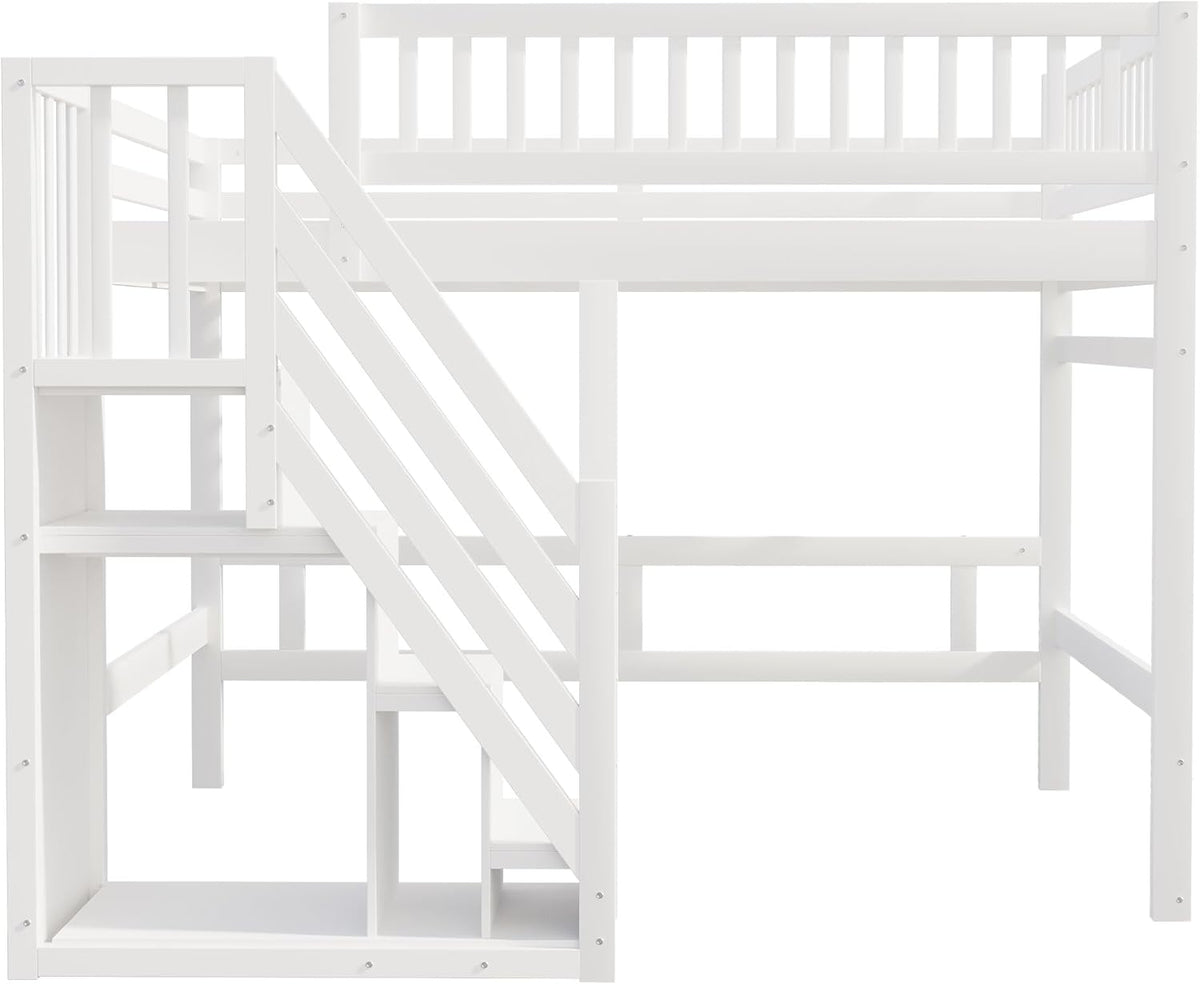 Kinderbett Etagenbett 140x200, Hochbett mit Treppe und Aufbewahrungsschrank, Multifunktionsbett Stockbett Spielbett Kinderhochbett Jugendhochbett mit Lattenrost & Rausfallschutz, Ohne Matratze, Weiß