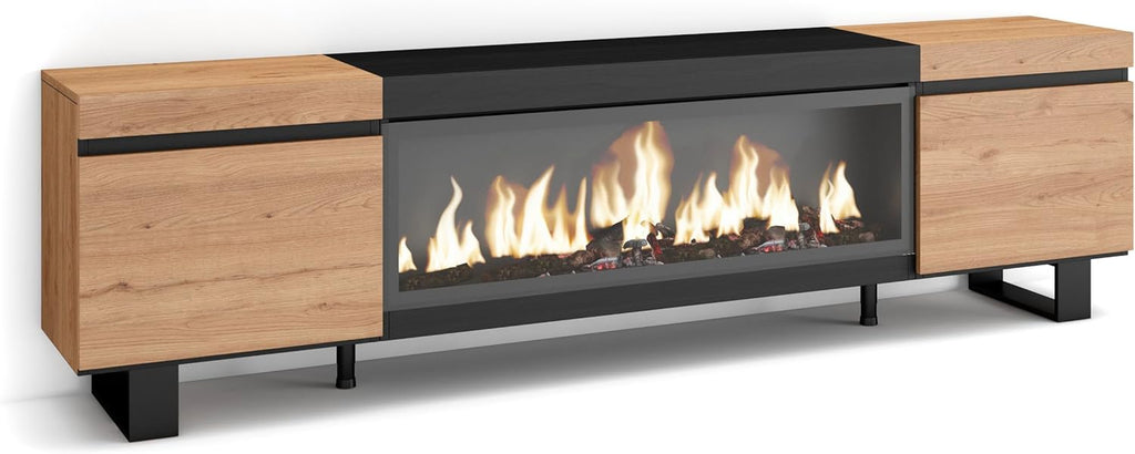 Skraut Home | TV-Schrank, Lowboard | für Wohnzimmer und Esszimmer | 210 | Für TV-Geräte bis zu 80" | Elektrokamin XXL | Industriedesign | Moderner Stil | Eiche Schwarz