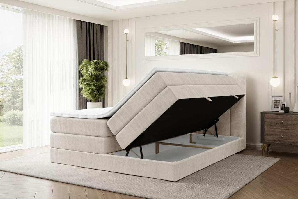 ALTDECOR Boxspringbett mit Matratze und Lattenrost, Topper, Polsterbett mit Bettkasten, Bett mit Stauraum H3- und H4- Matratze, Doppelbett, Springboxbett - OTTA King - 180x200 - Beige Samt