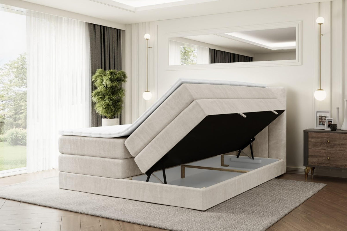 ALTDECOR Boxspringbett mit Matratze und Lattenrost, Topper, Polsterbett mit Bettkasten, Bett mit Stauraum H3- und H4- Matratze, Doppelbett, Springboxbett - OTTA King - 180x200 - Beige Samt