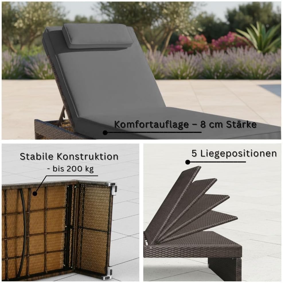 RS Trade Sonnenliege Gartenliege wetterfest aus Rattan, extra hoch & extra breit auch für Senioren – XXL bis 200kg – mit Rollen, Outdoor Liege mit Verstellbarer Rückenlehne, braun mit Grauer Auflage