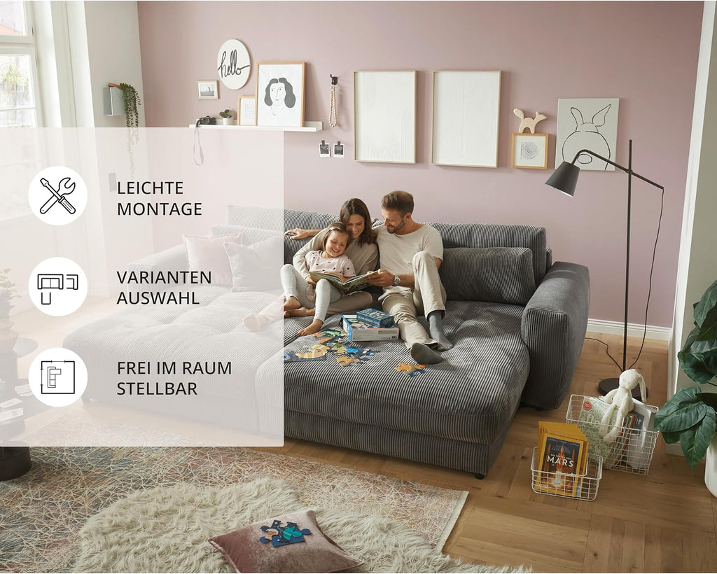 Big Sofa BARURA Cord dunkelgrau – XXL Couch mit großer Liegefläche, modernes Sofa 292x194 cm inklusive Nierenkissen
