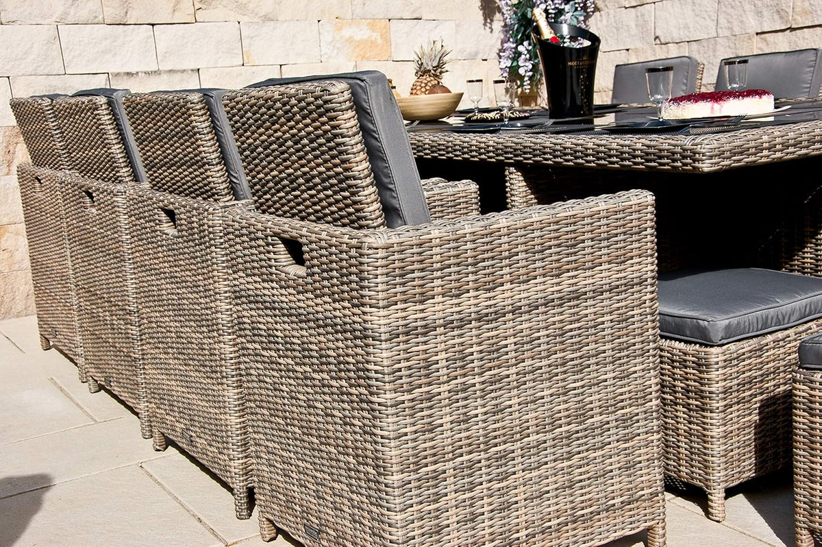 PolyRattan - Deutscher Hersteller - 10 Jahre GARANTIE auf UV-Beständigkeit - Gartenmöbel Essgruppe Tisch 8 Stuhl Hocker Polster Rostfrei Aluminium Dining Lounge Naturfarben Grau Schwarz