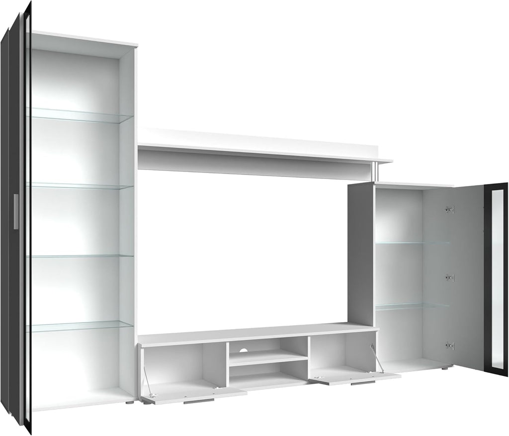 Mirjan24 Wohnwand Bentley, Praktische Anbauwand, Schrankwand, Mediawand, mit viel Stauraum, Top-Qualität (Country Oak Grey/Schwarz, mit LED Beleuchtung)