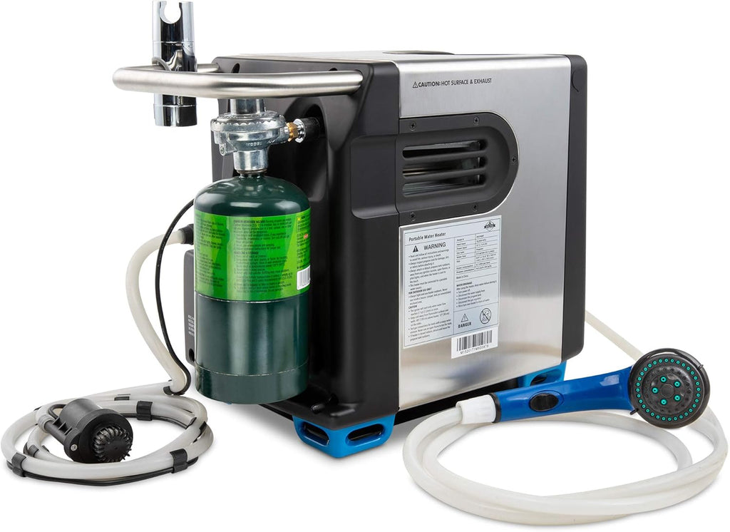 Tragbarer Propan-Warmwasserbereiter und Duschpumpe mit eingebauter Batterie | Kompaktes Outdoor-Reinigungs- und Duschsystem mit LCD, Sicherheitsabschaltung und Tragetasche, sofort heißes Wasser für Camping und Wandern