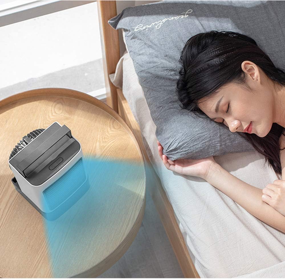 Tragbarer Klimaanlagenventilator, Mini Verdunstungskühler Luftbefeuchter, USB Wiederaufladbarer Schreibtischventilator mit LED-Licht für Zuhause und Büro, leise Nebelkühllösung