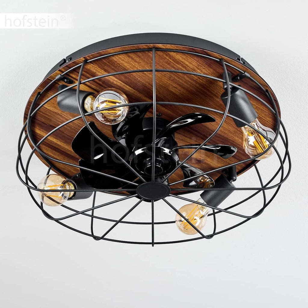Deckenventilator Moscavide, Ventilator aus Metall/Kunststoff in Schwarz/Holzoptik/Braun mit Fernbedienung, Deckenleuchte mit schwenkbaren Spots, 4-flammig, 4 x E27 max. 10 Watt IP20