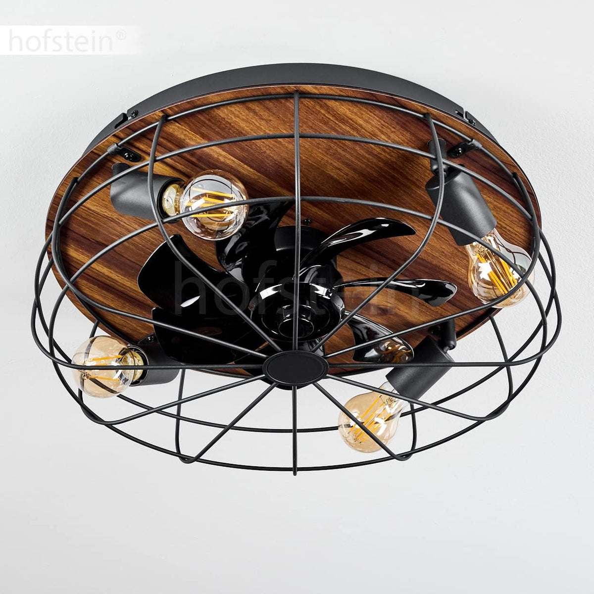 Deckenventilator Moscavide, Ventilator aus Metall/Kunststoff in Schwarz/Holzoptik/Braun mit Fernbedienung, Deckenleuchte mit schwenkbaren Spots, 4-flammig, 4 x E27 max. 10 Watt IP20