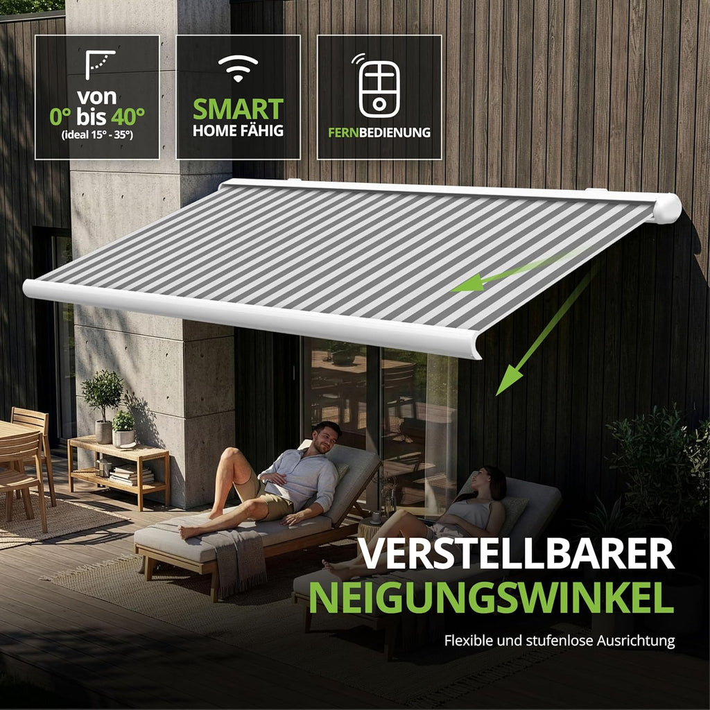 Eclipse Vollkassettenmarkise Premium elektrisch 4,5x3m Markise Balkon Terrassenüberdachung Kassettenmarkise Gelenkarm Polyacryltuch UV-Schutz 50+ Smarthome-fähiger Dooya Motor, Markisentuch: Apfel