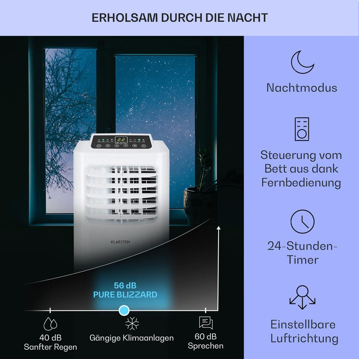 Klarstein Mobile Klimaanlage mit Abluftschlauch, 3-in-1 Klimagerät mit Ventilator & Luftentfeuchter, Kleine & Portable Klimaanlage für Wohnung & Büro, mit Nachtmodus & App-Steuerung, 7000 BTU