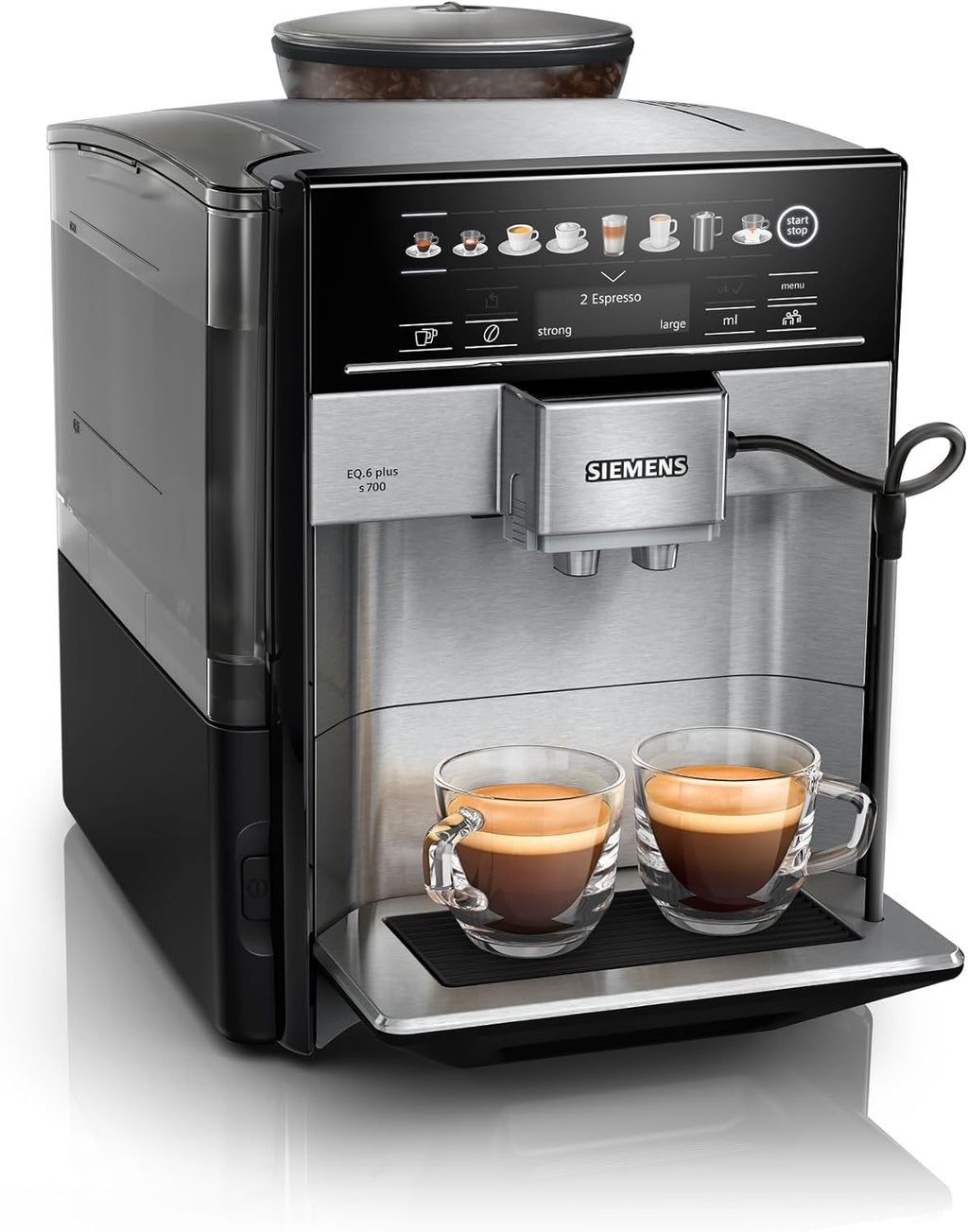 Siemens Kaffeevollautomat EQ6 plus s700, Milchsystem, 12 Getränke, automatische Reinigung des Milchsystems, Keramikmahlwerk, großes Touchdisplay, Edelstahl, TE657503DE