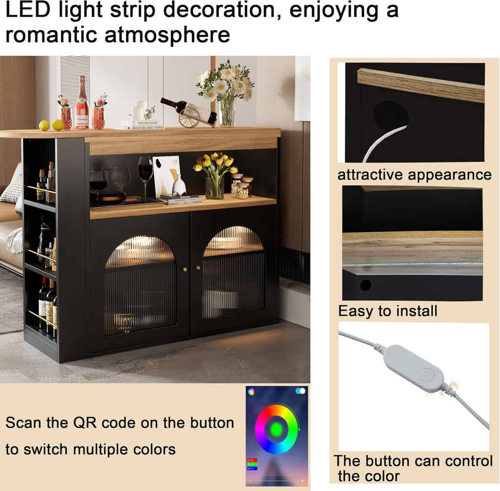 Moderner ausziehbarer Bartisch,Ausziehbarer Esstisch mit Stauraum, Stehtisch Bistrotisch, drehbar, für Esszimmer,Mit 1m langem LED (Schwarz)