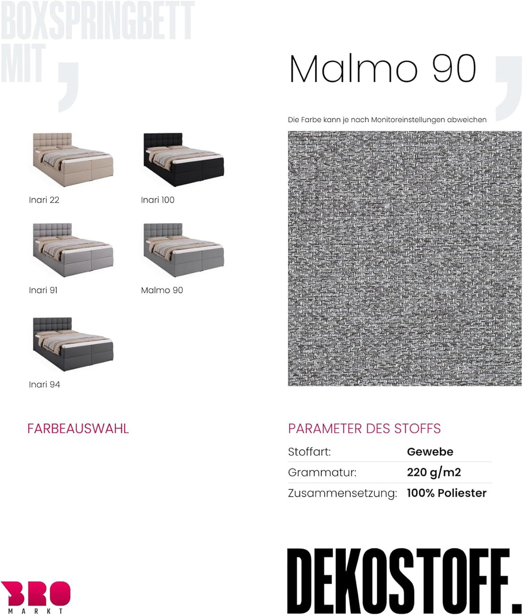 BROMARKT Boxspringbett mit Bettkasten Polsterbett mit Bonell-Matratze und Topper Bett für Schlafzimmer gepolstertes Kopfteil Dakota bonellfedern 140x200 Härtegrad H3 Grau Malmo