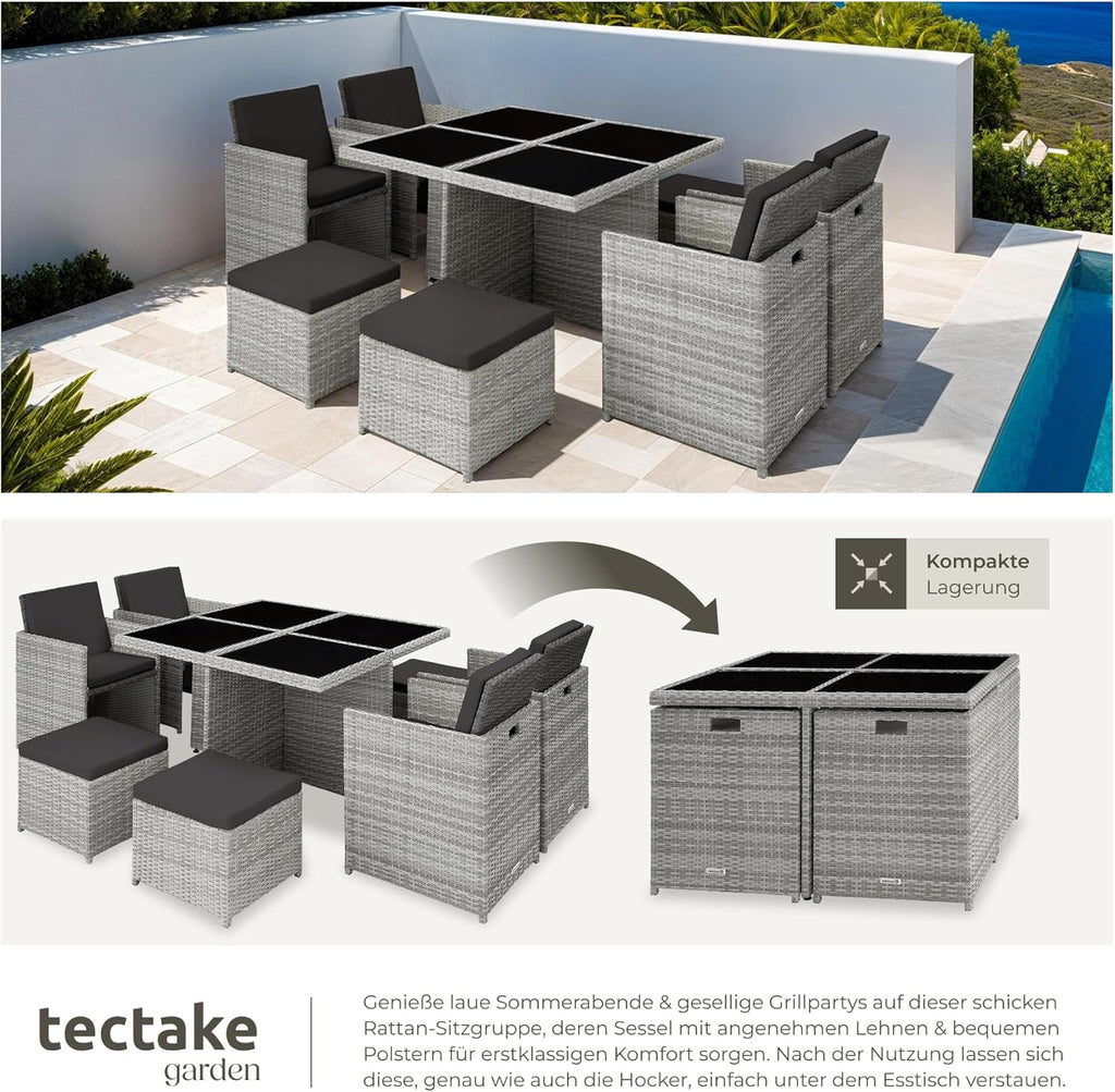 tectake® Lounge Möbel Set 4X Stühle, 4X Hocker, 1x Tisch, platzsparende Cube Aufbewahrung, Outdoor Rattan Gartenmöbel für Balkon, Garten und Terrasse, mit Abdeckung und Wechselbezügen - hellgrau