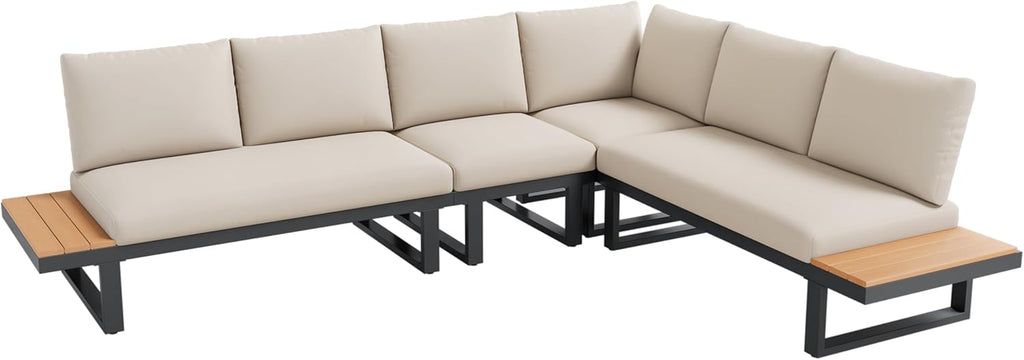 Gartenmöbel-Set, Eckstellung, mit Verstellbarer Neigungsfunktion (5-stufig, bis 55°), verzinktes Stahlrohr, Tischplatte aus Kunststoffholz, mit Zwei Couchtischen, Beige + grau