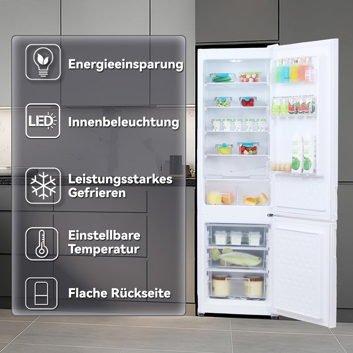 magictec MDRF266 Freistehender Kühlschrank mit Gefrierfach | 266L(192L/74L) | Kühl-Gefrierkombination | Low-frost | LED-Beleuchtung | Weiß