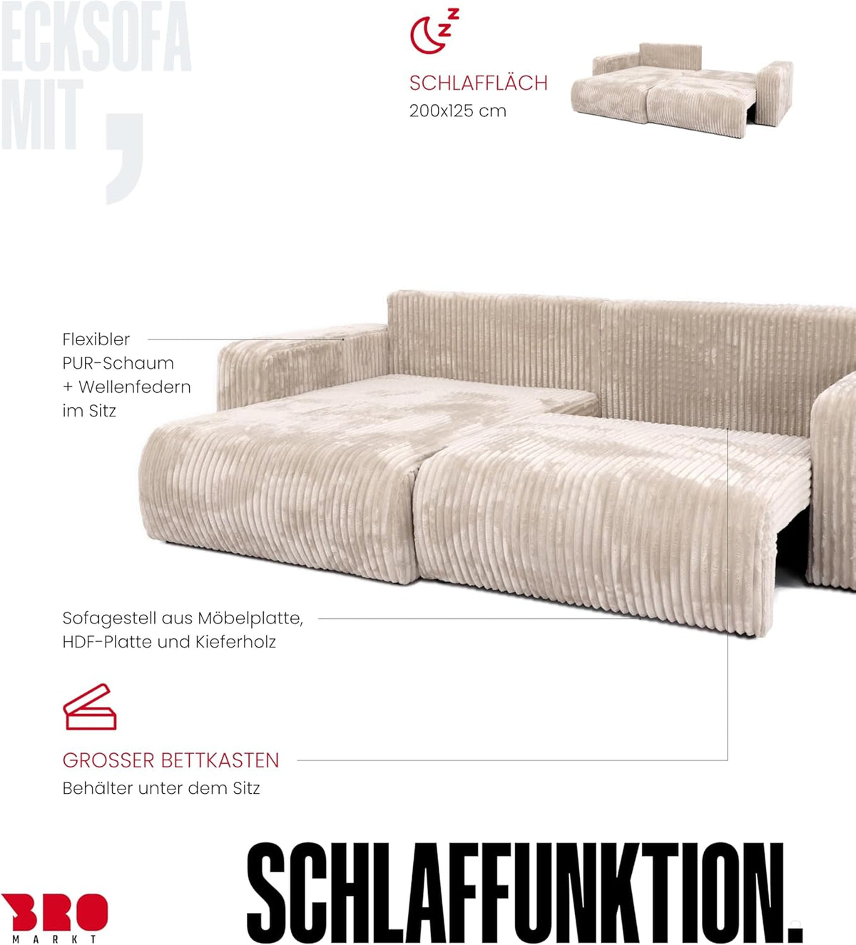 BROMARKT Ecksofa mit Schlaffunktion Creme Couch L-Form Cordstoff Sofa mit Bettkasten Wohnzimmer Schlafcouch Schlafsofa mit Stauraum Eckcouch 3 Sitzer Wohnlandschaft 244x148x82 cm TILIO