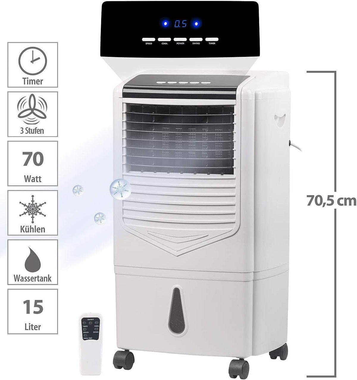 Sichler Haushaltsgeräte Kühler: Verdunstungs-Luftkühler mit Oszillation und Timer, 15 Liter, 70 Watt (Luftkühler mit Wasserkühlung, ohne Schlauch, Kühl)