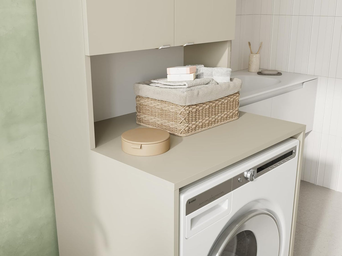 PLATAN ROOM Waschmaschinenschrank Badezimmer Hochschrank Überbauschrank für Waschmaschine und Wäschetrockner 210 x 65 x 50/56 cm weiß (Kaschmir (beige), 56 cm tief)