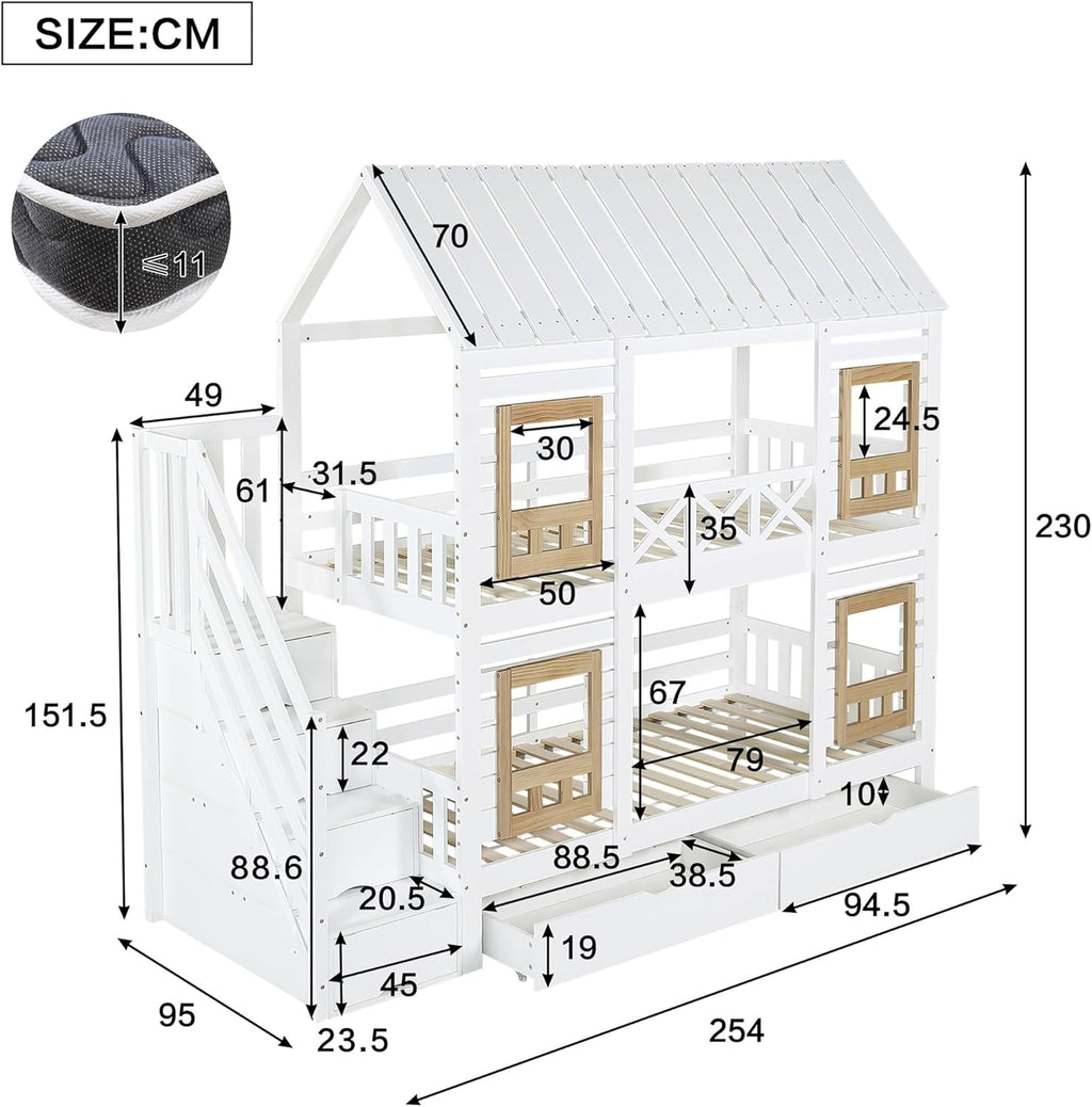 Kinderbett Etagenbett 90 x 200, Hausbett für 2 Kinder, Hochbett mit Lattenrost, Treppe mit 4 Ablagefächern, Rausfallschutz, Zwei Schubladen mit Rollen, Baumhaus Bett mit Fenster und Dach