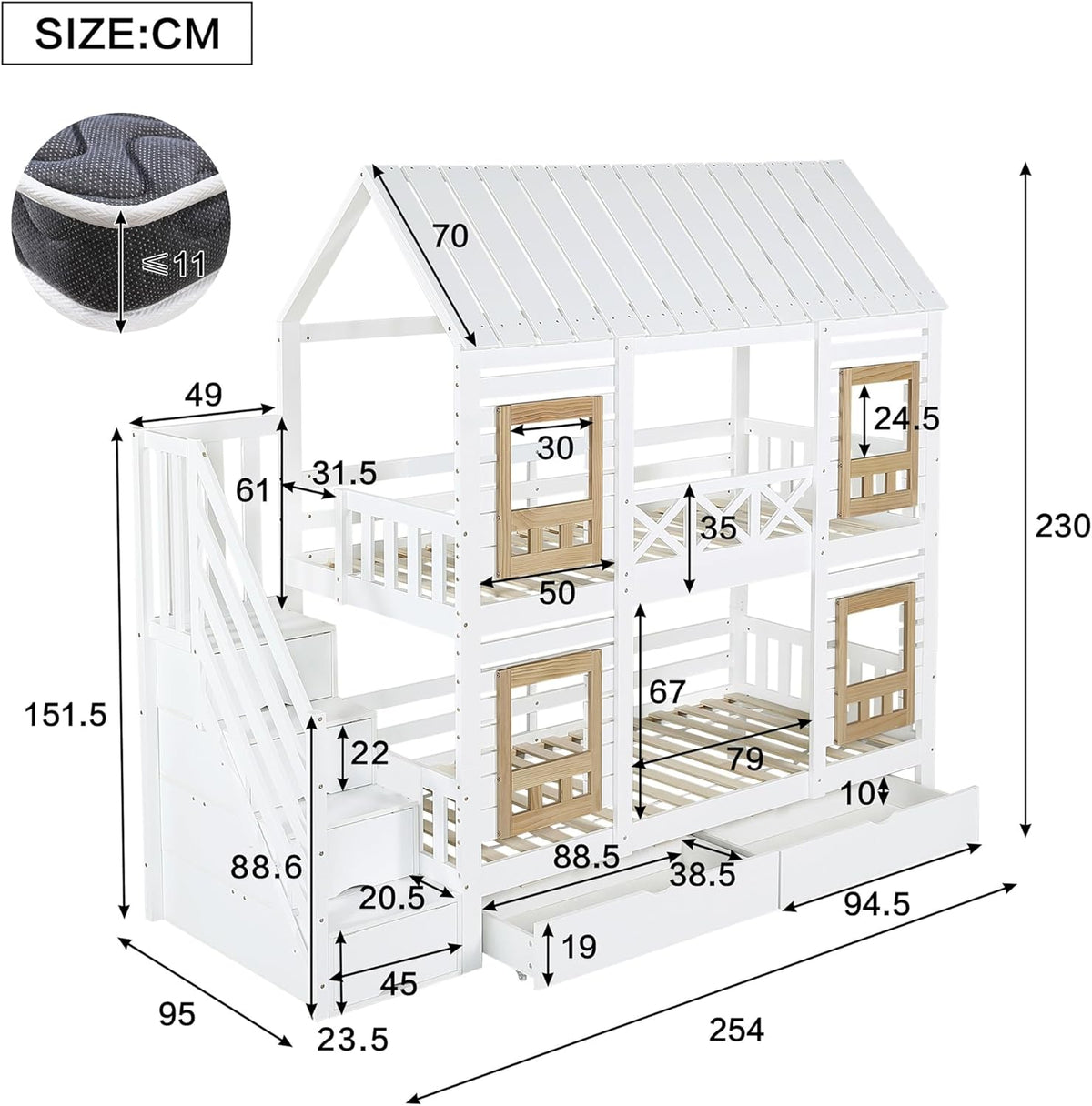 Kinderbett Etagenbett 90 x 200, Hausbett für 2 Kinder, Hochbett mit Lattenrost, Treppe mit 4 Ablagefächern, Rausfallschutz, Zwei Schubladen mit Rollen, Baumhaus Bett mit Fenster und Dach