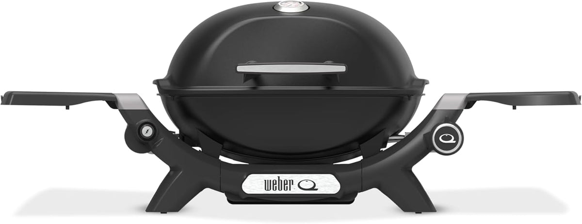 Weber Q 1200N Gasgrill mit Seitentischen/leichter Grill für Camping, Terrassen & Balkone mit Hochleistungsbrenner, porzellanemaillierten Gussrosten & elektronischer Zündung, Mitternachtsschwarz