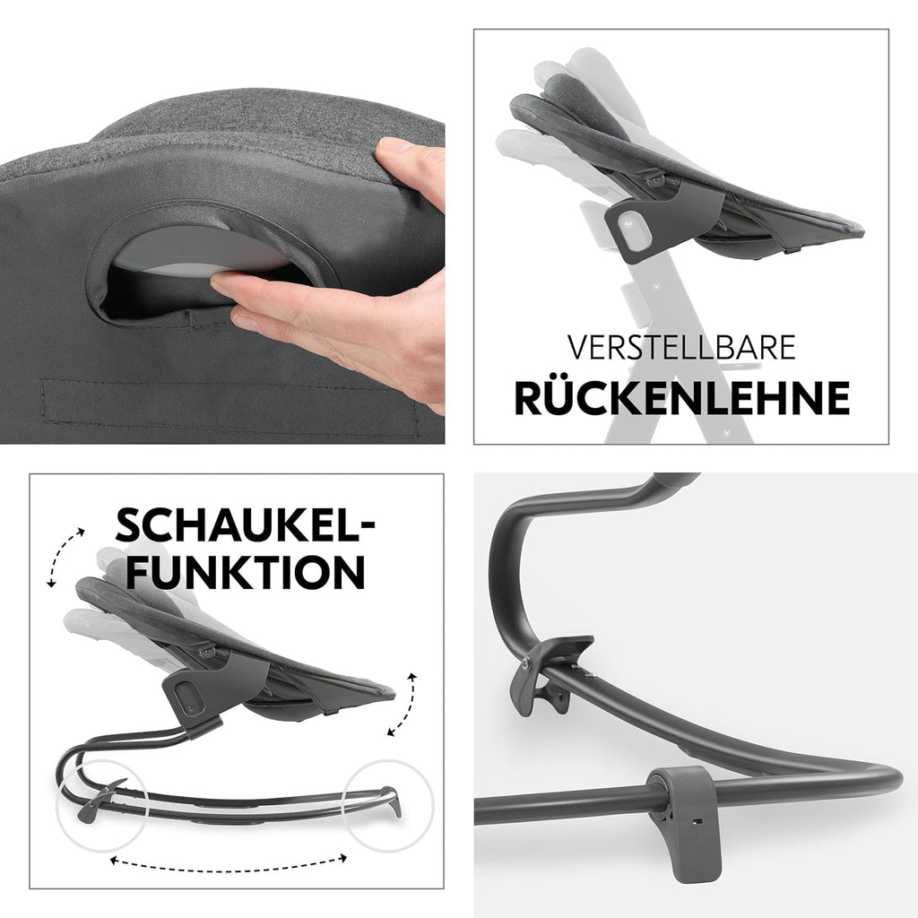 hauck Alpha+ Newborn Set mit Premium Bouncer Dark Grey - Baby Holz Hochstuhl ab Geburt mit Liegefunktion - extra flacher Aufsatz für Neugeborene & Sitzpolster - Walnuss