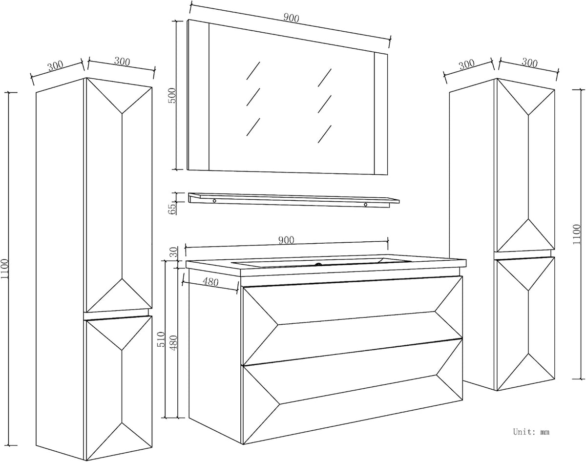 Faizee Möbel Miran Hochglanz Badmöbel Set mit Spiegel & Keramik-Waschbecken – Modernes 6-teiliges Badezimmer Set mit Soft-Close Unterschrank & 2 Seitenschränken (Miran Weiß, 60 cm (Unterschrank))