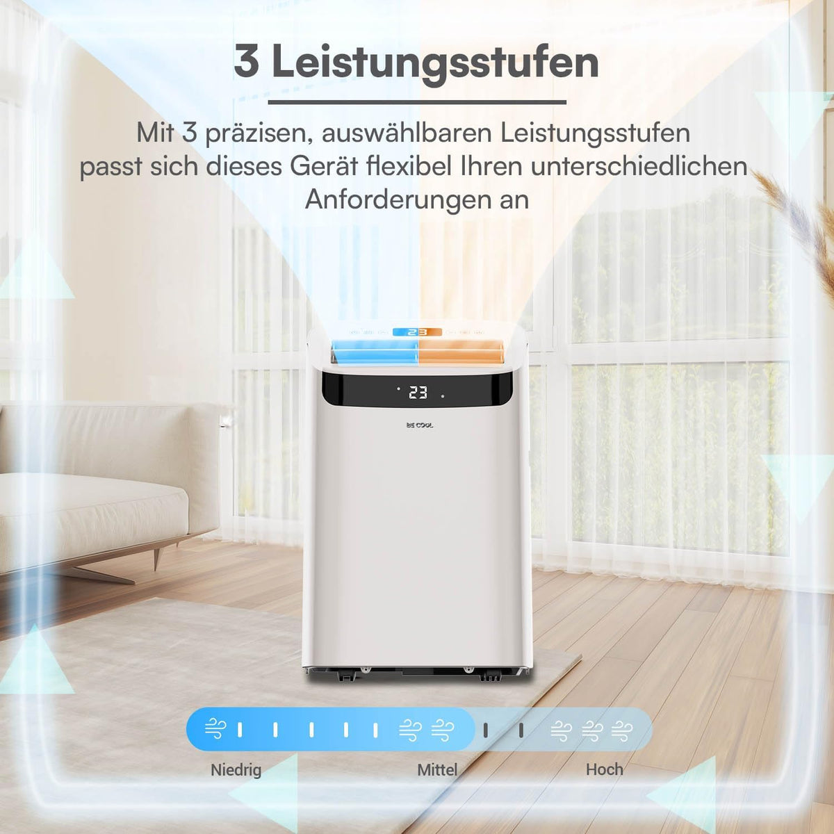 BE COOL mobiles Klimagerät 14000 BTU mit Heizung & WLAN, 4 in 1 Klimaanlage mit Entfeuchter und Ventilator, für Räume bis 48 m², Fernbedienung, Timer, Alexa & Google Assistant, weiß