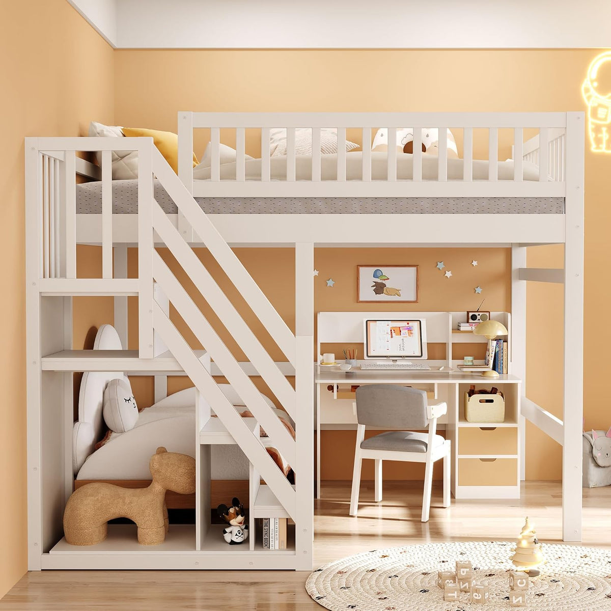 Kinderbett Etagenbett 140x200, Hochbett mit Treppe und Aufbewahrungsschrank, Multifunktionsbett Stockbett Spielbett Kinderhochbett Jugendhochbett mit Lattenrost & Rausfallschutz, Ohne Matratze, Weiß