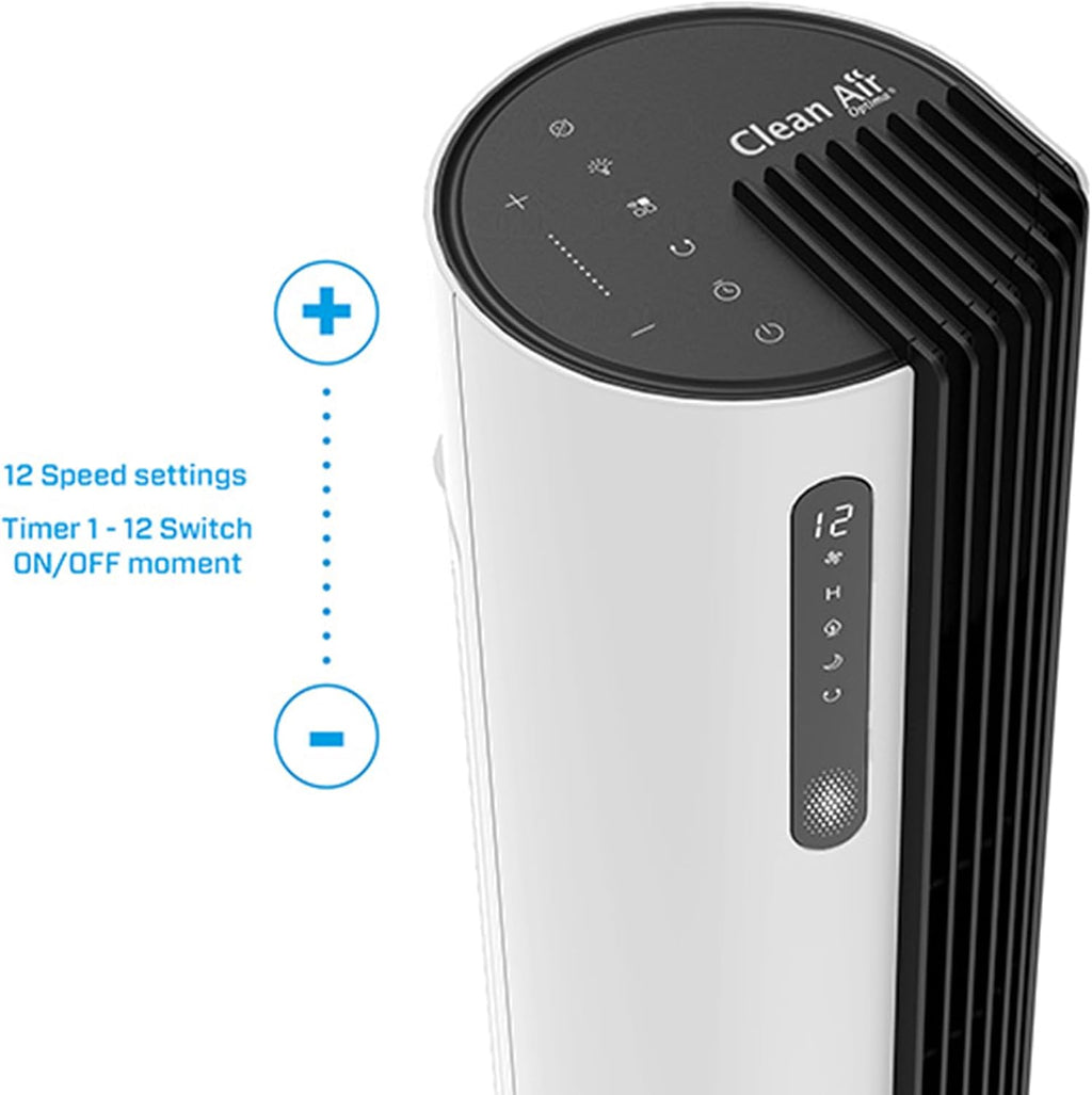 Clean Air Optima CA-407 Smart - Luxus Turmventilator - Luftdurchsatz bis 500m³/h - Oszillation 90º - Staubfilter für saubere und frische Luft - Smartphone-Bedienung (Weiß/schwarz)