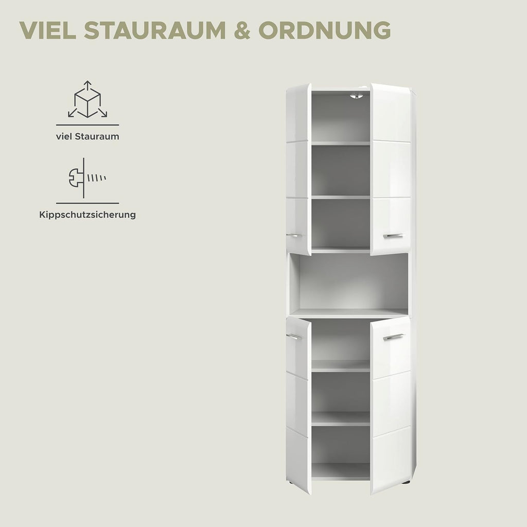 xonox.home - Hochschrank Ice 60x185x30 cm in Front weiß Hochglanz Tiefziehfront Korpus weiß - breiter Badhochschrank - stilvoll und funktional