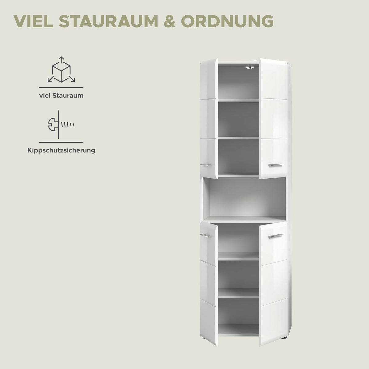 xonox.home - Hochschrank Ice 60x185x30 cm in Front weiß Hochglanz Tiefziehfront Korpus weiß - breiter Badhochschrank - stilvoll und funktional
