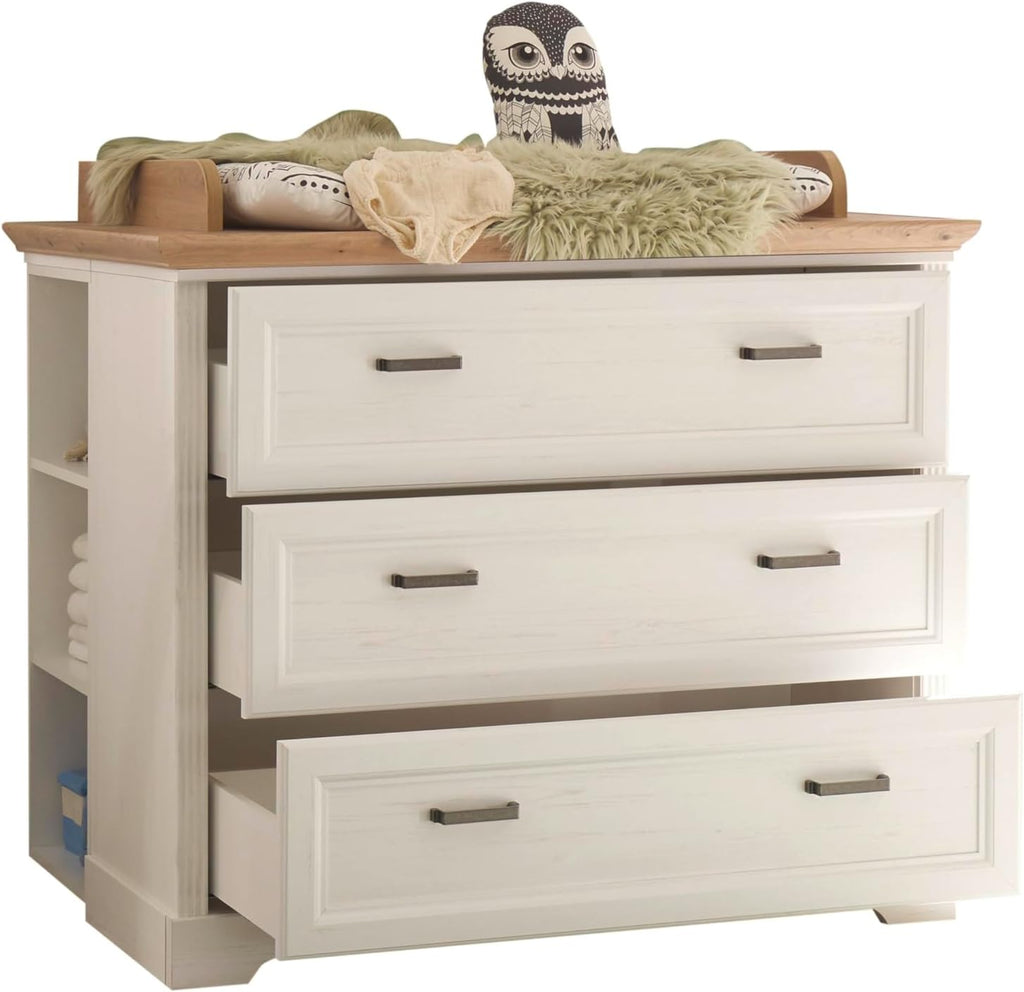Babyzimmer Jasmin 5 teilig in Anderson Pine mit Absetzungen in Artisan Eiche - Kinderzimmer Komplett Set mit Kleiderschrank, Babybett, Wickelkommode mit 2 Seitenregalen, Standregal, Wandboard