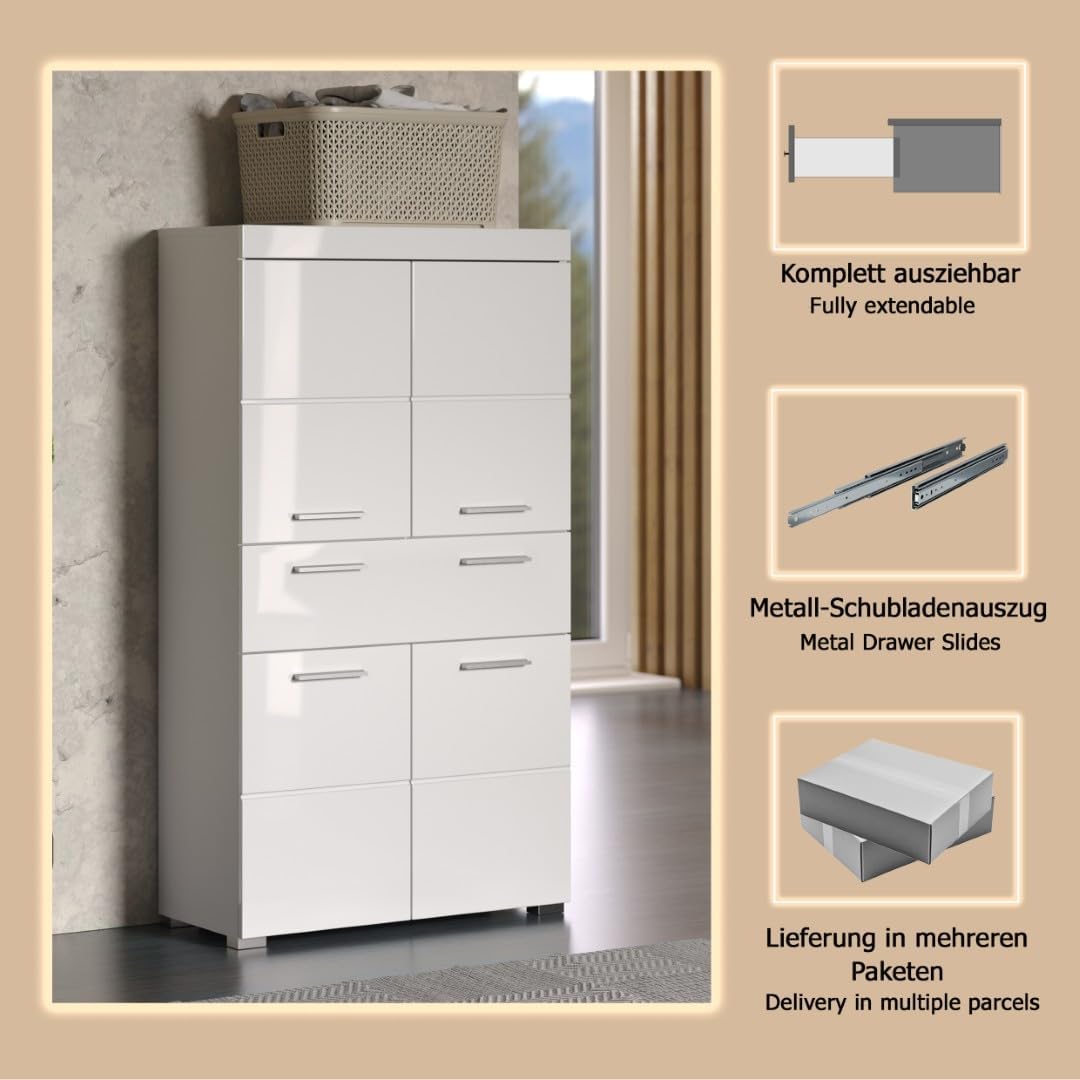 trendteam smart living - Amanda - Hochschrank - Weiß Hochglanz - Badezimmerschrank breit mit 4 höhenverstellbaren Einlegeböden - (BxHxT) 73 x 130 x 31 cm - 4 Fächer und eine große Schublade