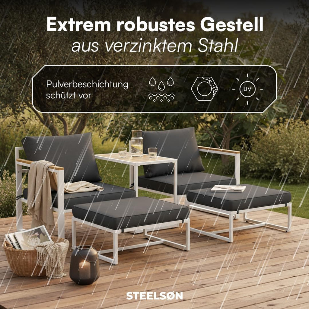STEELSØN Gartenmöbel Set 5-TLG Asteri, Gartenlounge für 2-4 Personen, Balkonmöbel Set wetterfest inkl. 2 Sessel, 2 Hocker und 1 Tisch, Terrassenmöbel aus Metall mit Kissen Weiß