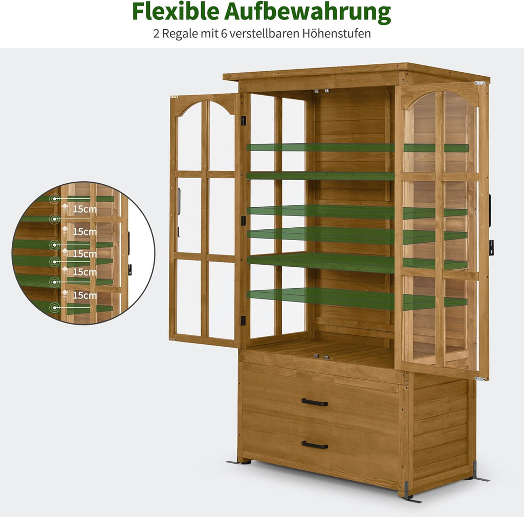 M MCombo Gartenschrank Gartenhaus Holz Wetterfest, Geräteschrank Gerätehaus Outdoor, für Außenbereich Balkon Terrasse, Gartenhütte mit 2 Bewegliche Regale, 58×107×180 cm, 1155 (Natur)