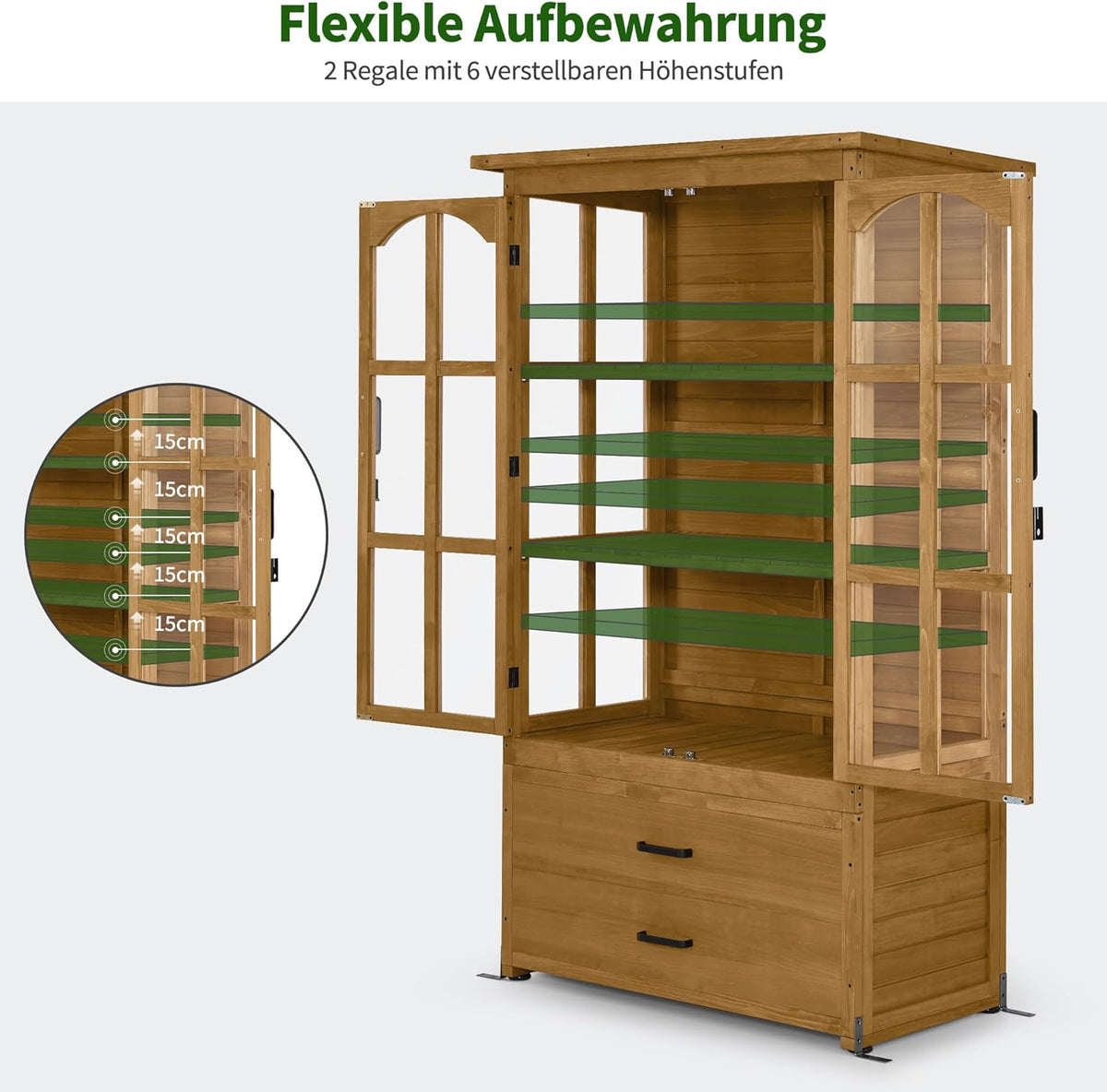 M MCombo Gartenschrank Gartenhaus Holz Wetterfest, Geräteschrank Gerätehaus Outdoor, für Außenbereich Balkon Terrasse, Gartenhütte mit 2 Bewegliche Regale, 58×107×180 cm, 1155 (Natur)