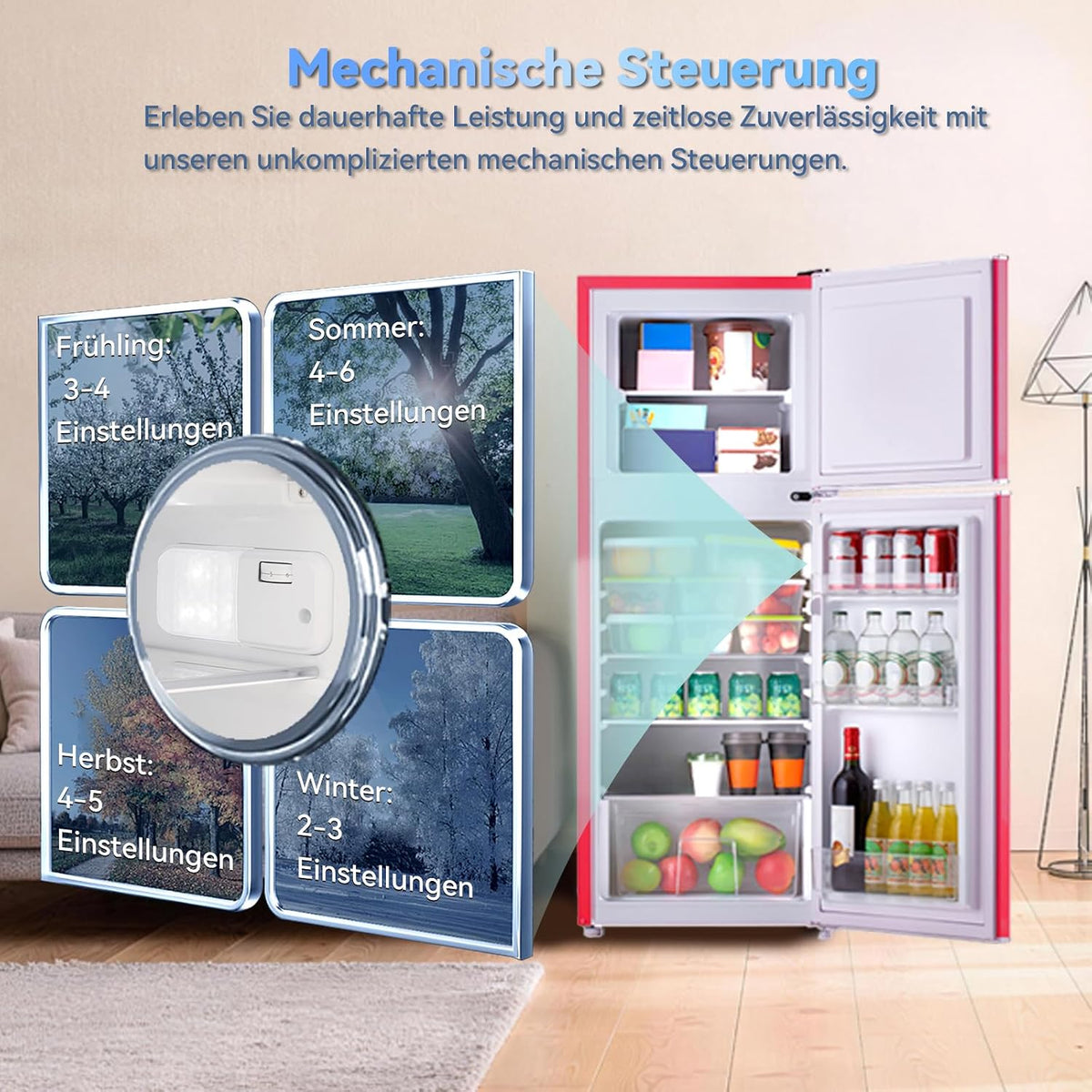 magictec Retro Kühlschrank mit Gefrierfach | 120L(88L/32L) | Low Frost | Kühl Gefrier Kombination | Vintage Design | LED Beleuchtung | Rot